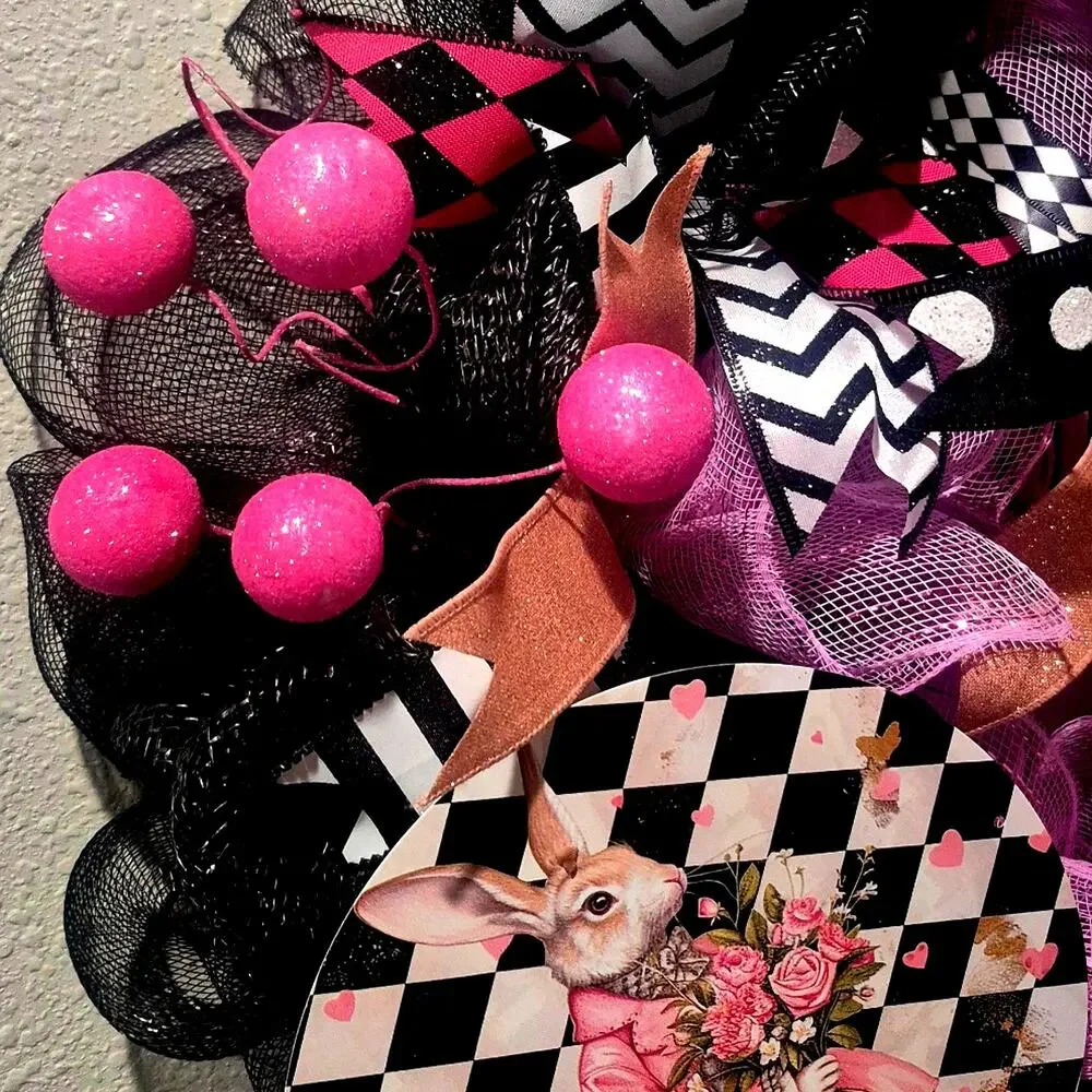 Wreath Rabbit flowers Valentines, Easter, Spring, Summer SIGN Ribbon pink black